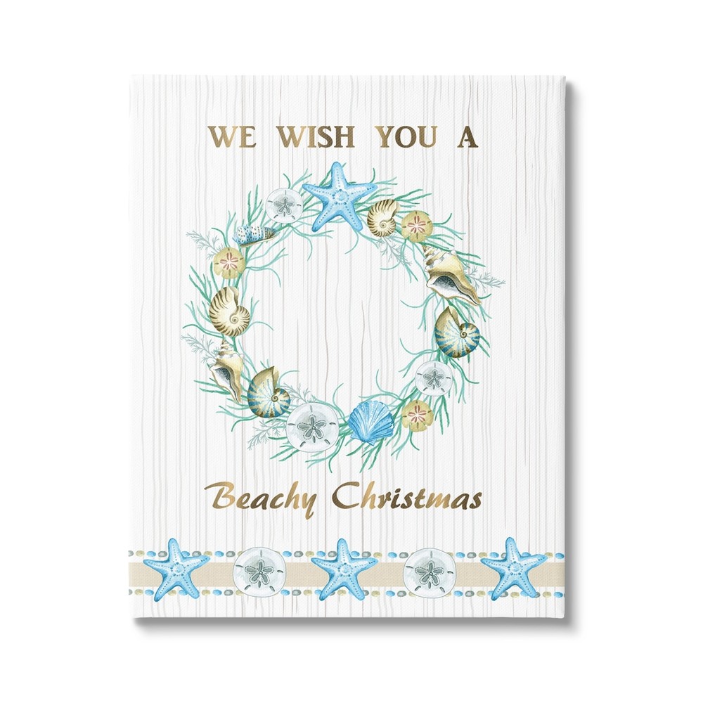 Stupell Beachy Christmas Sea Life Seashell Wreath Pattern Canvas Wall Art - Blue