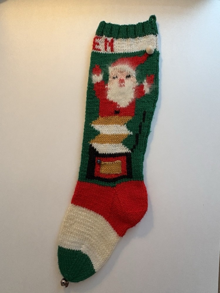Vintage Hand Knit Christmas Stocking Santa Jack In Box/Sequin Tree Personalized