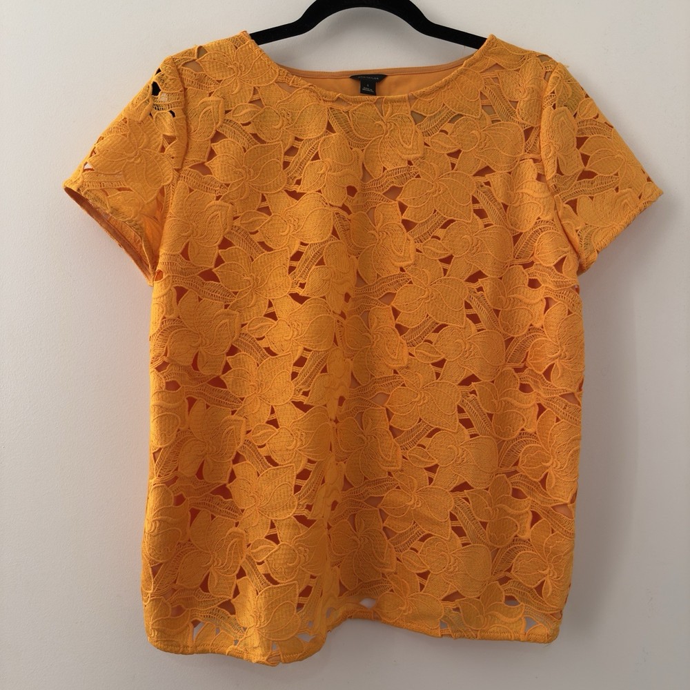 Ann Taylor Floral Laser-Cut Shirt Blouse Top Size Small S Orange Tropical Art