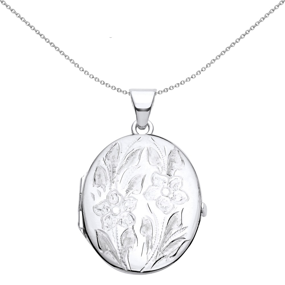 925 Silver Jewelco London Flower Leaves Engraved Oval Locket Pendant Necklace