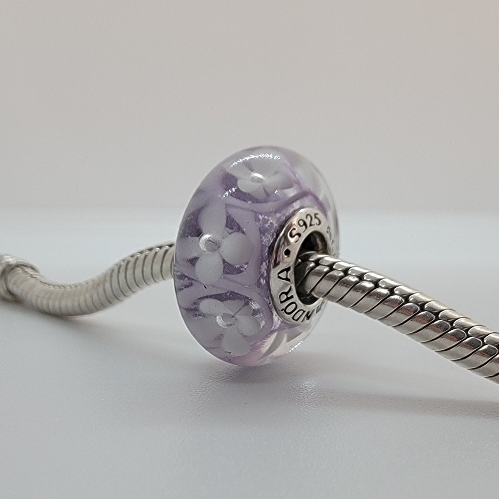 New Pandora Authentic Purple Field Of Flowers Murano Charm