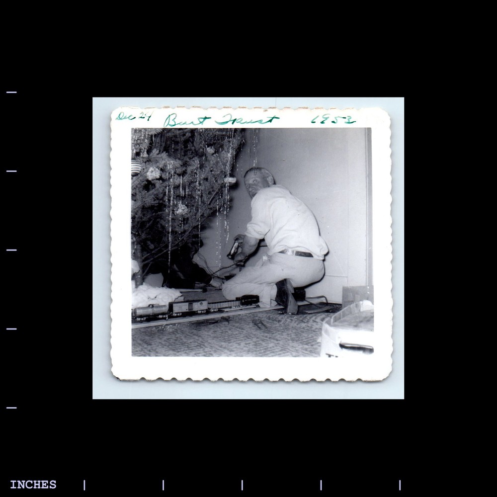 Vintage 1953 Photo Man by Christmas Tree with Model Train  