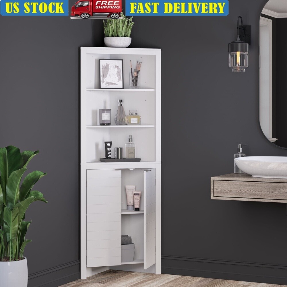 Tall Corner Bathroom Storage Cabinet Open Shelves Adjustable Shelving Organizer