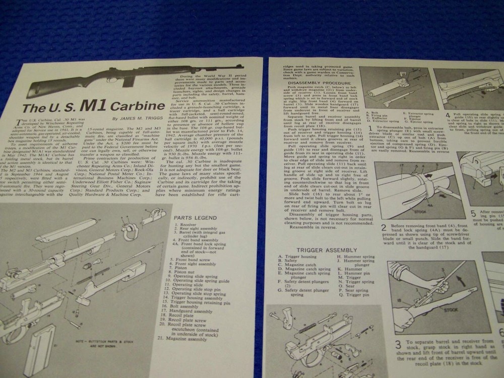 U.S. M1 CARBINE (.30) RIFLE ..TAKEDOWN/EXPLODED VIEW/PARTS LEGEND..(160NN)