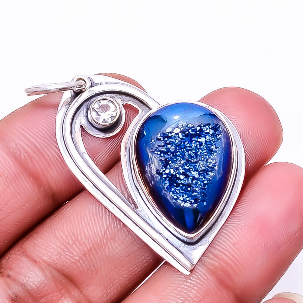 Electric Blue Titanium Agate Drusy 925 Sterling Silver Pendant 1.68