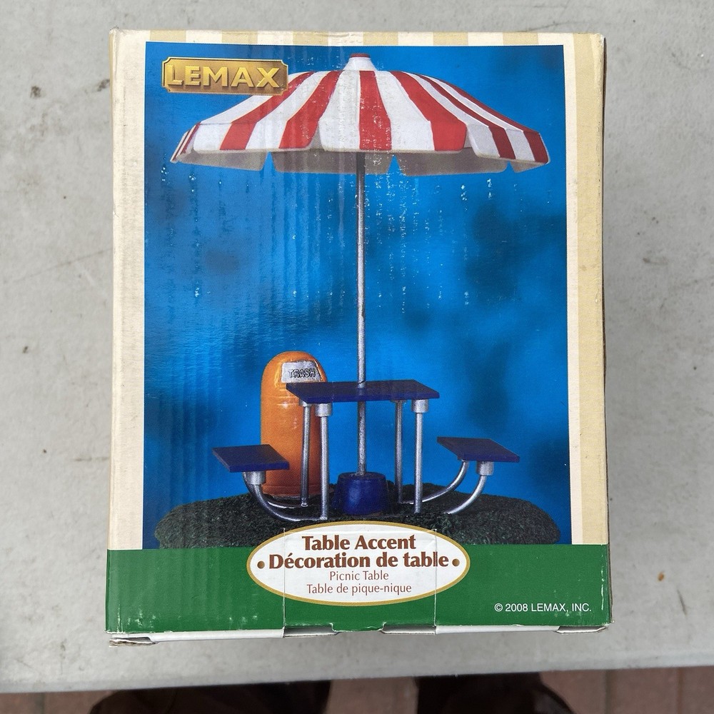 Lemax Retired Picnic Table Umbrella with Trash Can 83678 New in Box