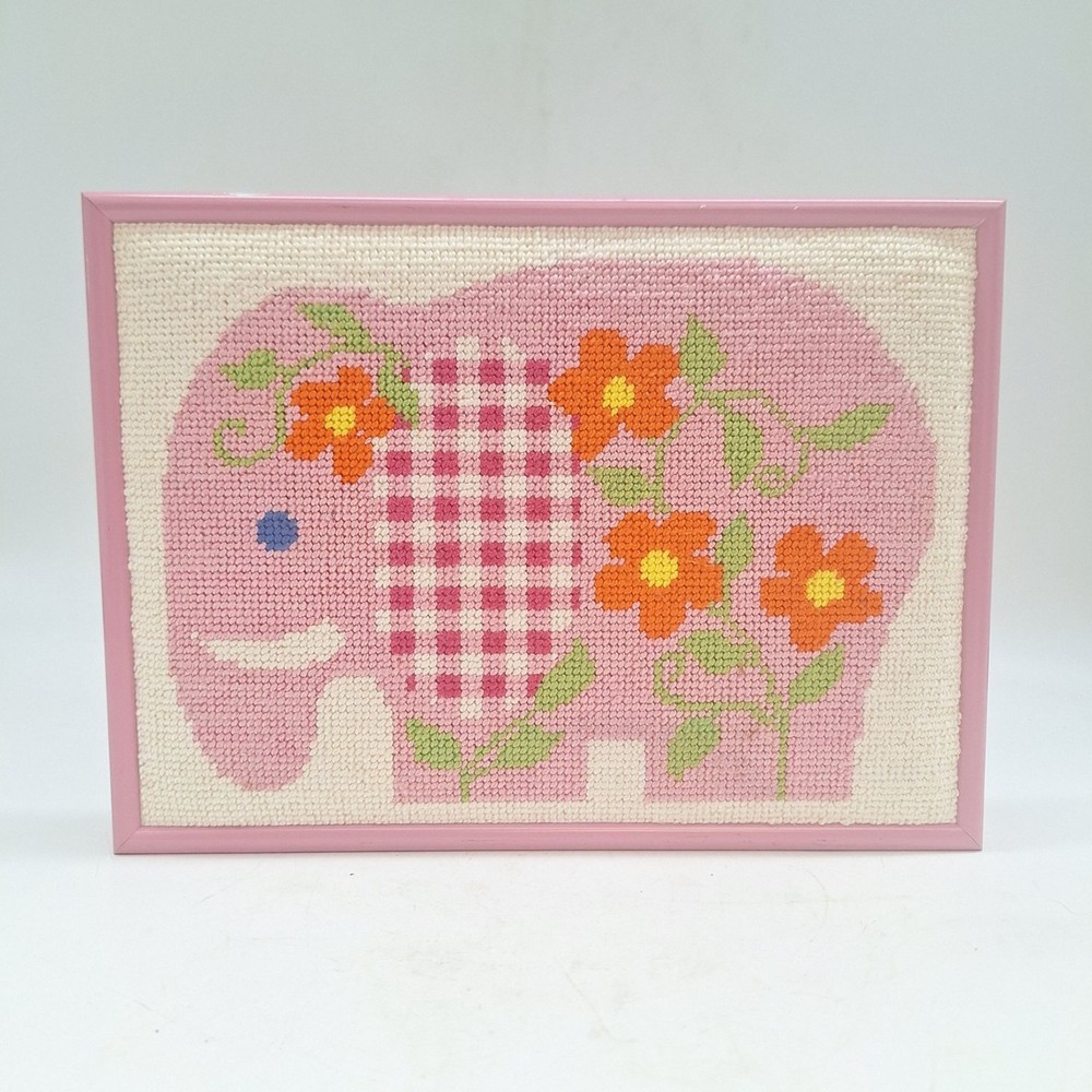 Whimsical pink elephant needlepoint art with orange flowers and gingham frame for kids