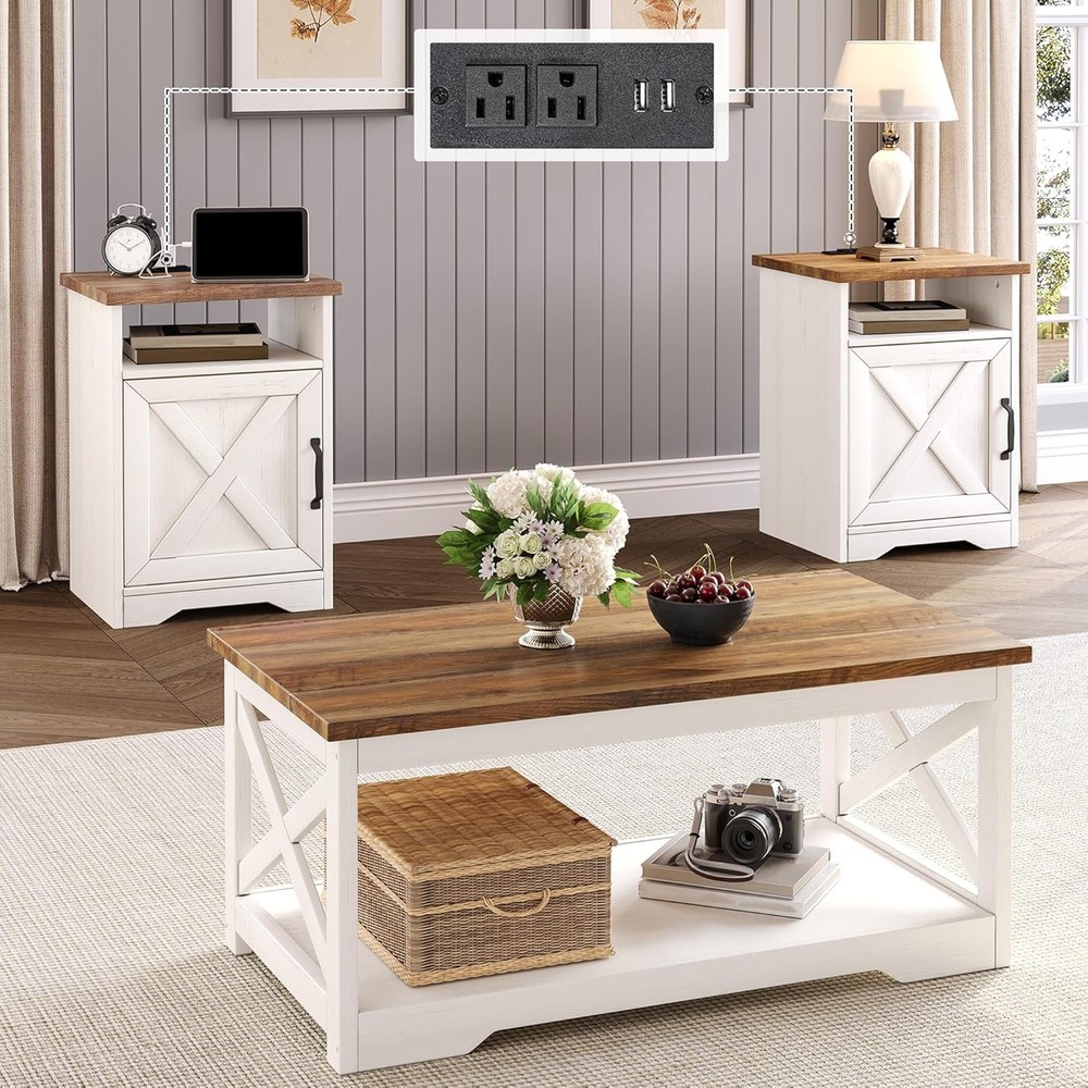 3-Piece Farmhouse Living Room Table Sets, Includes 1 x Coffee Table, 2 x End
