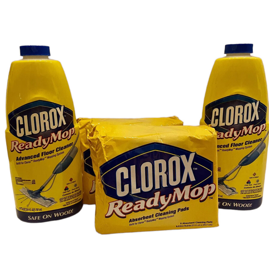 2 Clorox Ready Mop Floor Cleaner Refill Bottles 24oz ea + 16 Cleaning Pads Lot