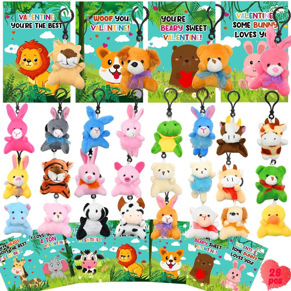 28-Pack Valentine's Day Greeting Cards with Stuffed Animal Keychains for Kids Gift Set