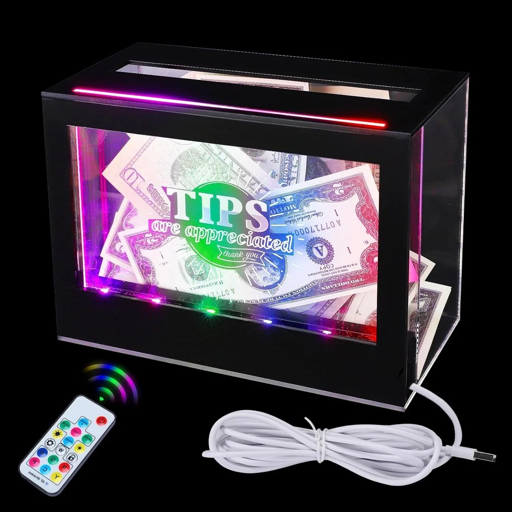 Light Up Tip Jar for Money - Acrylic Donation Ballot Box for Bartender with 2 Si