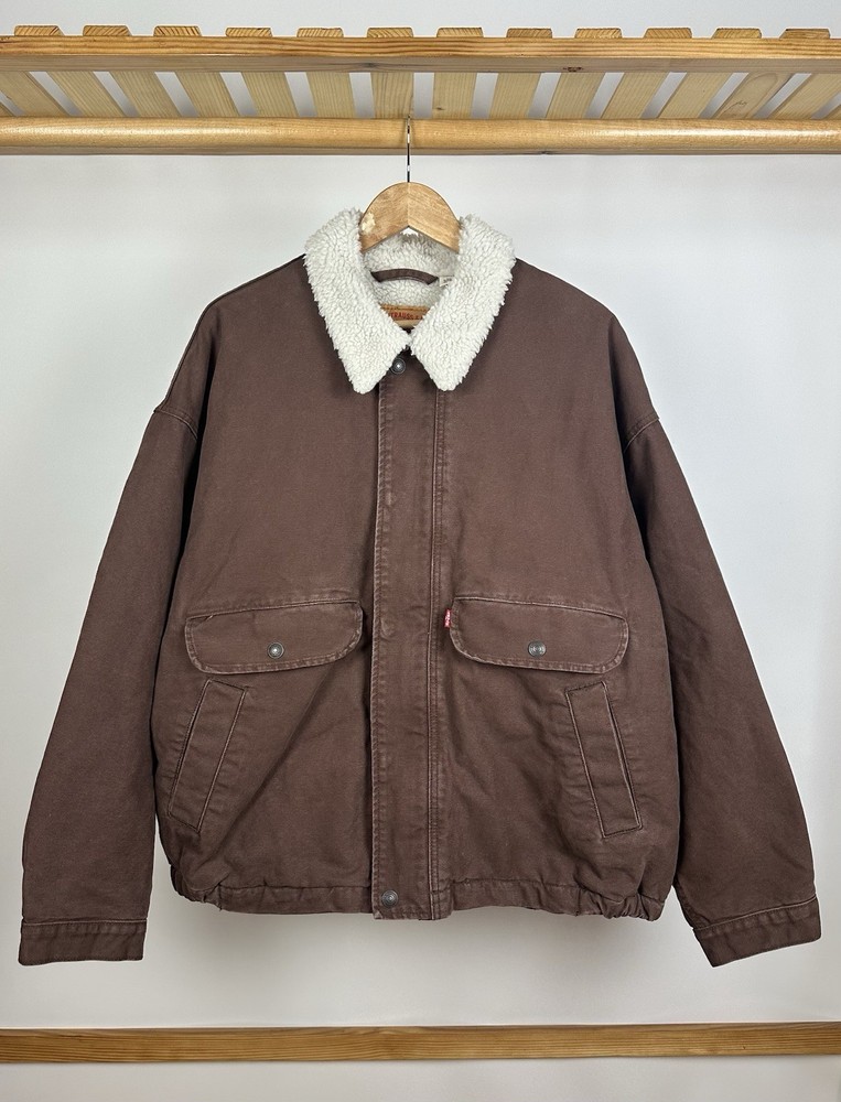 Levis Mens XL Brown Sherpa Lined Canvas Trucker Jacket Snap Front Coat