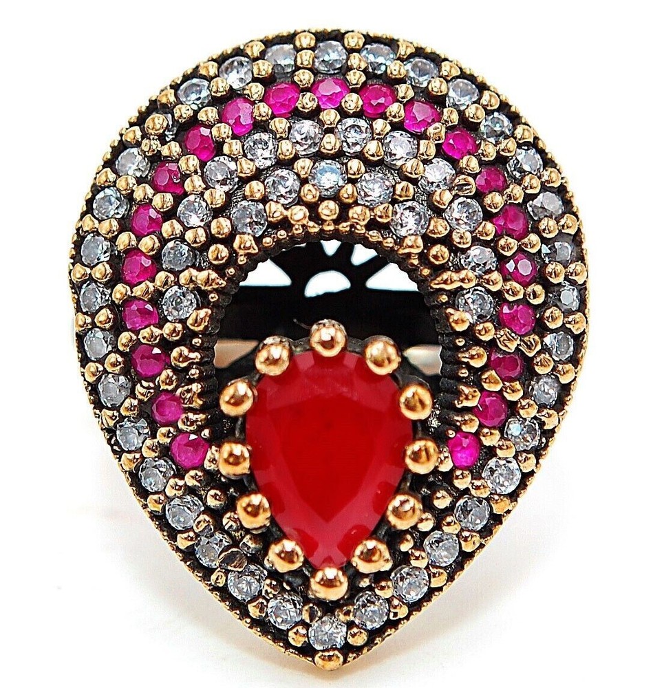 4CT Fire Garnet & Topaz Ottoman Empire Style 925 Silver Ring Size 7  