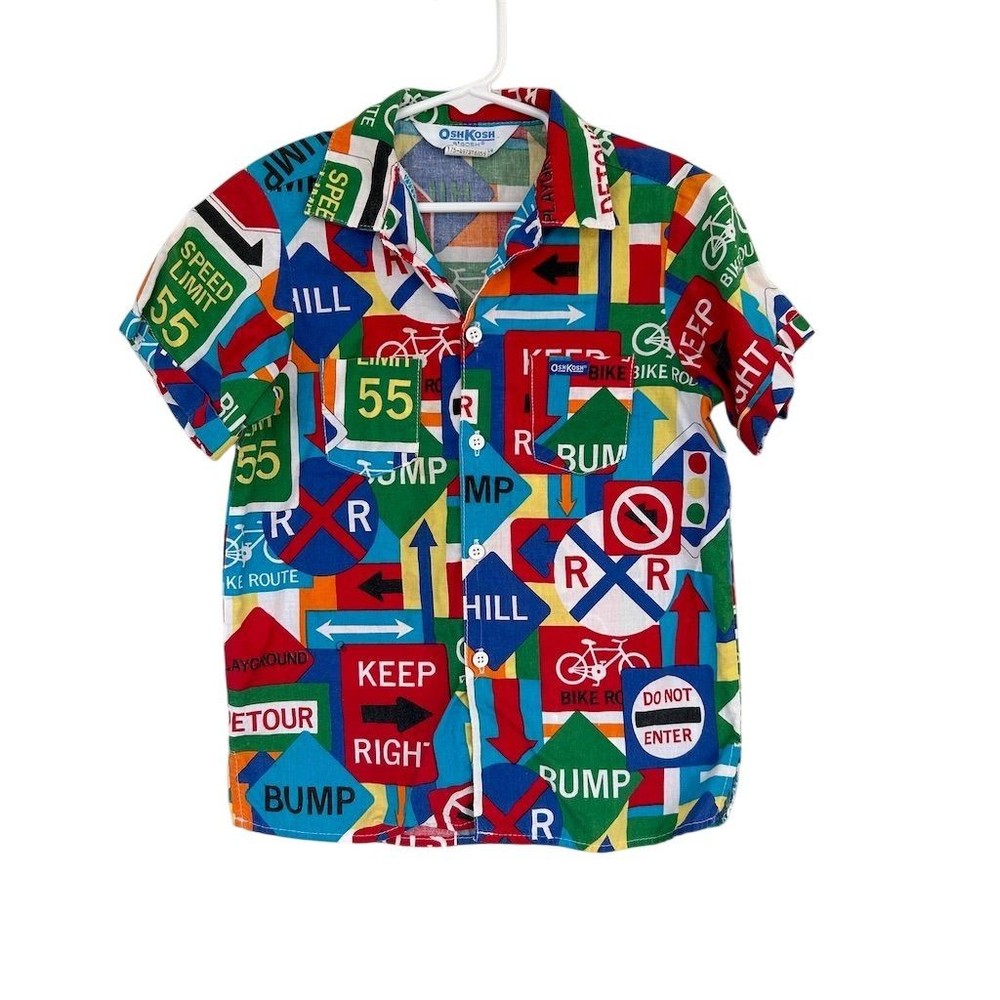 VTG OshKosh B'gosh Short Sleeve Road Signs Collared Shirt Sz 7 Retro USA Made