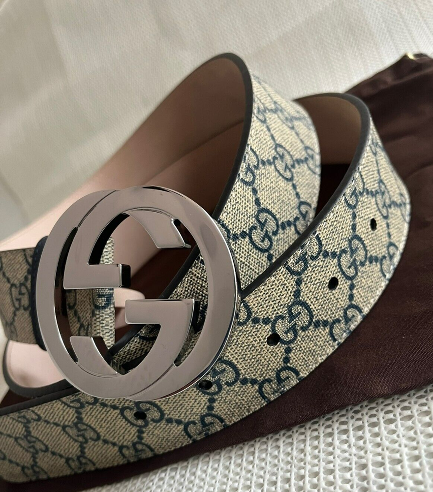 Gucci GG Monogram Supreme Beige Blue Leather Belt Size 90 30/32 Waist
