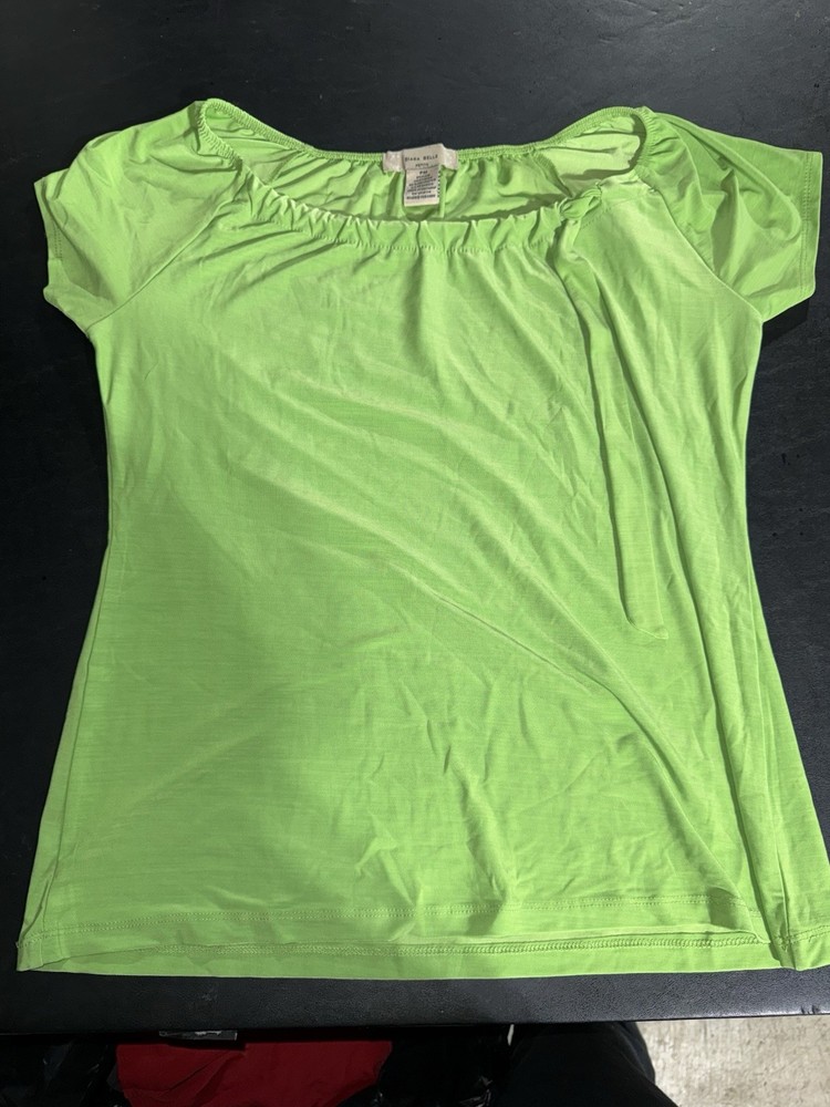 Neon green off the shoulder top with ruched detailing. Size: M #rave #festival