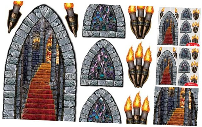9-Piece Halloween Dungeon Stairway Window Torch Decor Set