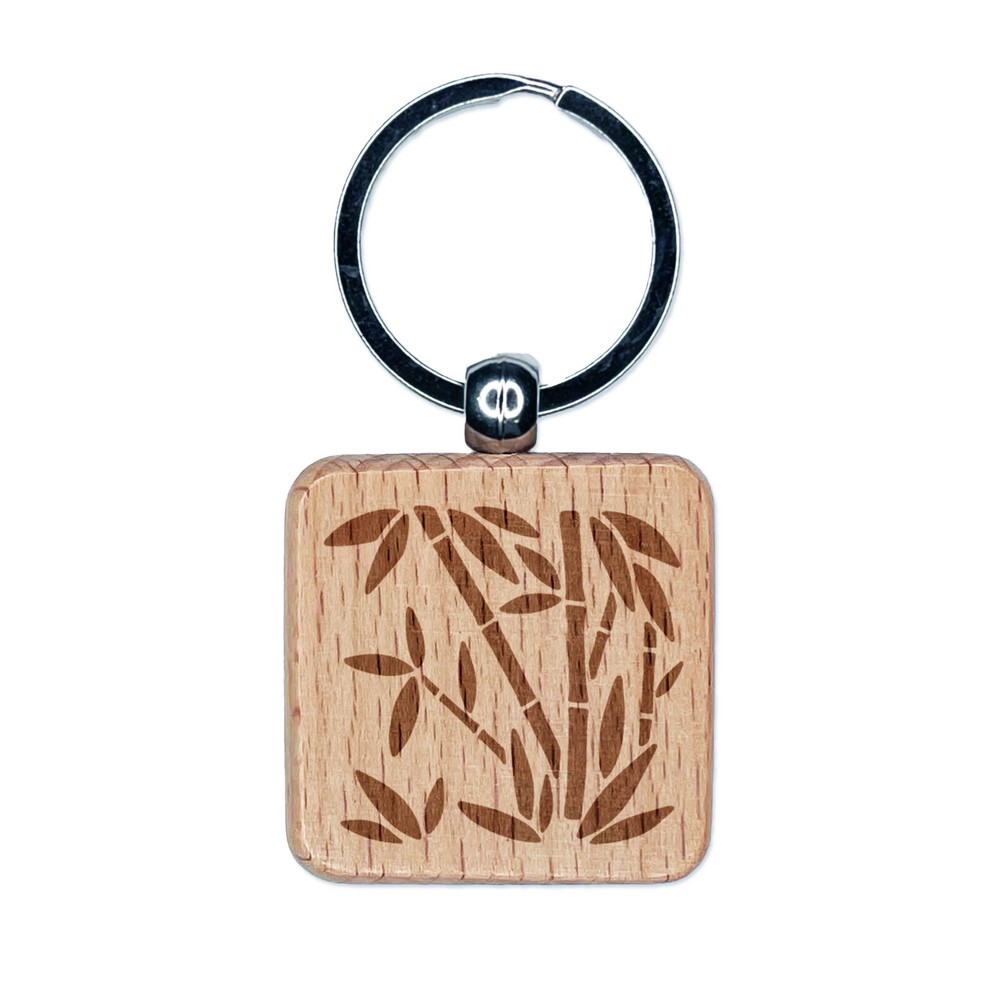 Bamboo Plants Engraved Wood Square Keychain Tag Charm