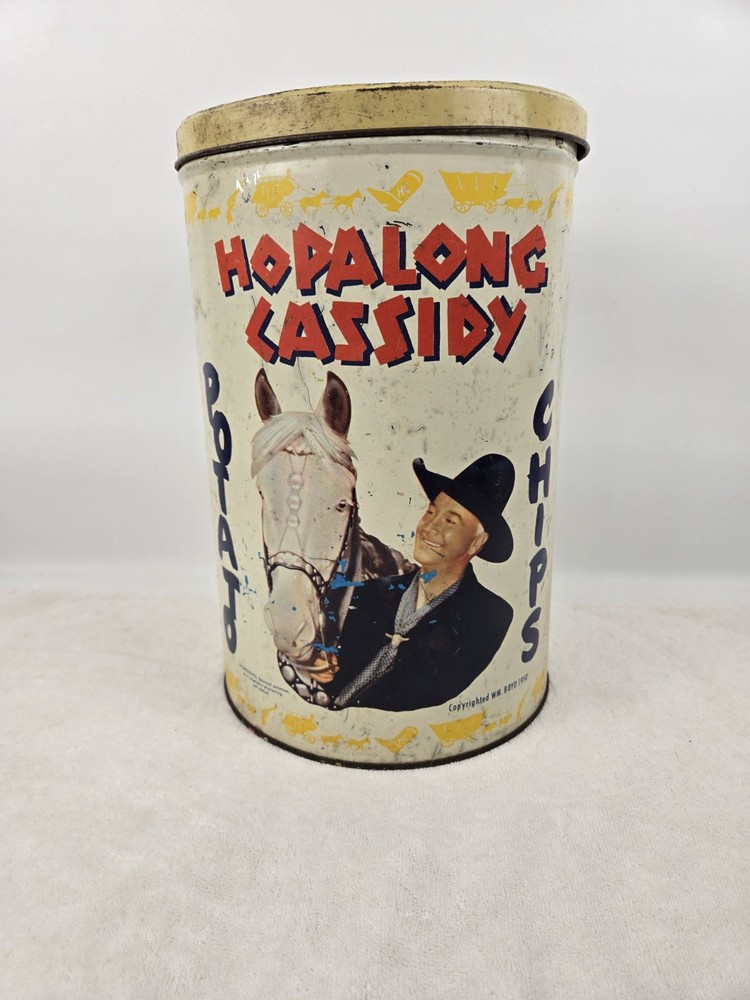 Vtg 1950 Hopalong Cassidy Potato Chips 15 Oz Net Weight Can Tin Canister   11.5”
