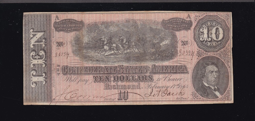 1864 $10 Confederate States T-68 Banknote Civil War Currency VF-XF Condition