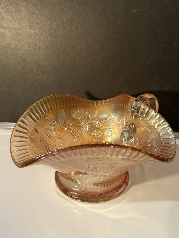 Vintage Dugan Windflower Marigold Carnival Glass Iridescent Handled Candy Bowl