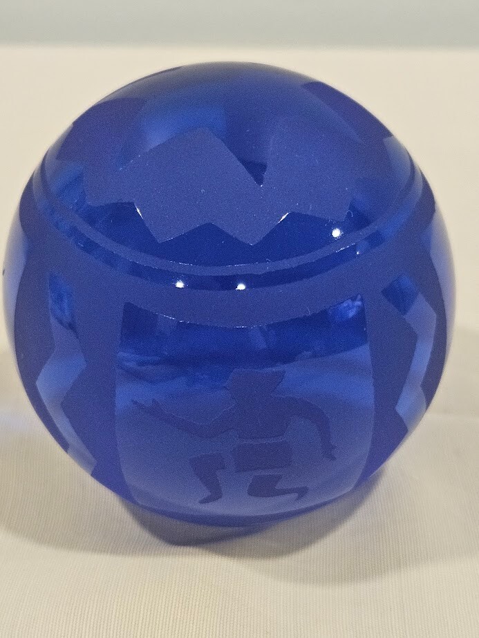 Saphire Blue Glass Ball Paperweight Acid Etched Star & Figures 3 in Vintage