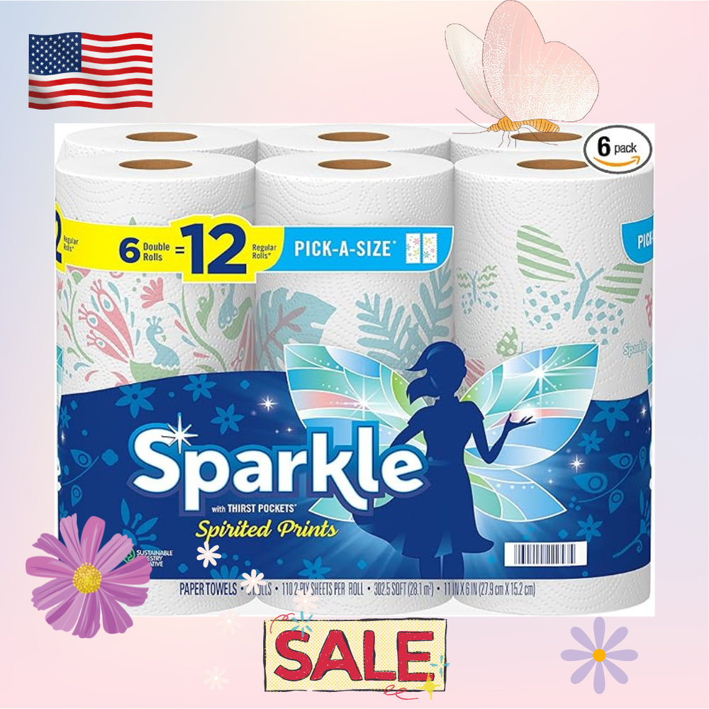 Sparkle Pick-A-Size Paper Towels 6 Double Rolls 12 Regular Spirited Prints