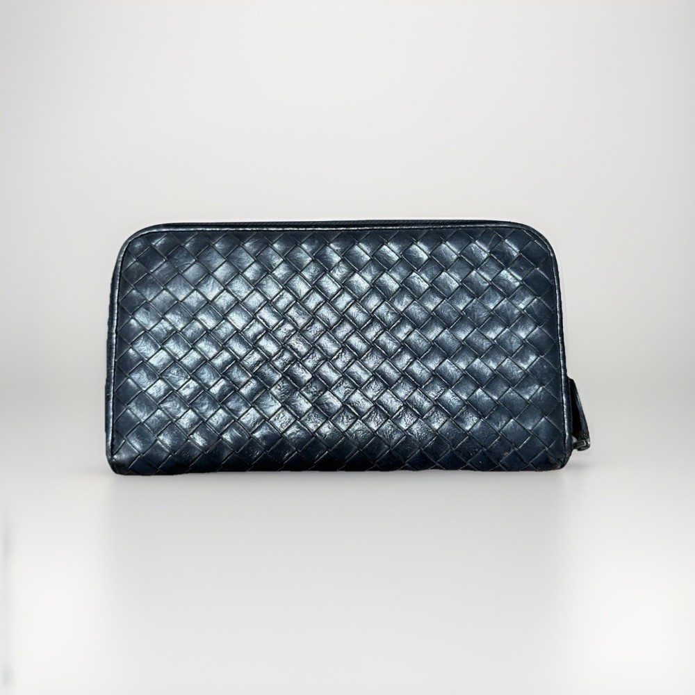 Authentic Bottega Veneta Black Intrecciato Woven Nappa Leather Zip Around Wallet