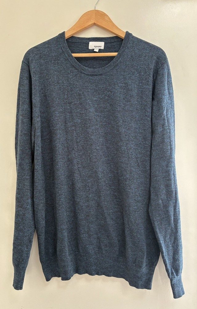 Sonoma Men's Solid Blue Cotton Blend Rib-Knit Crewneck Long Sleeve Sweater Large