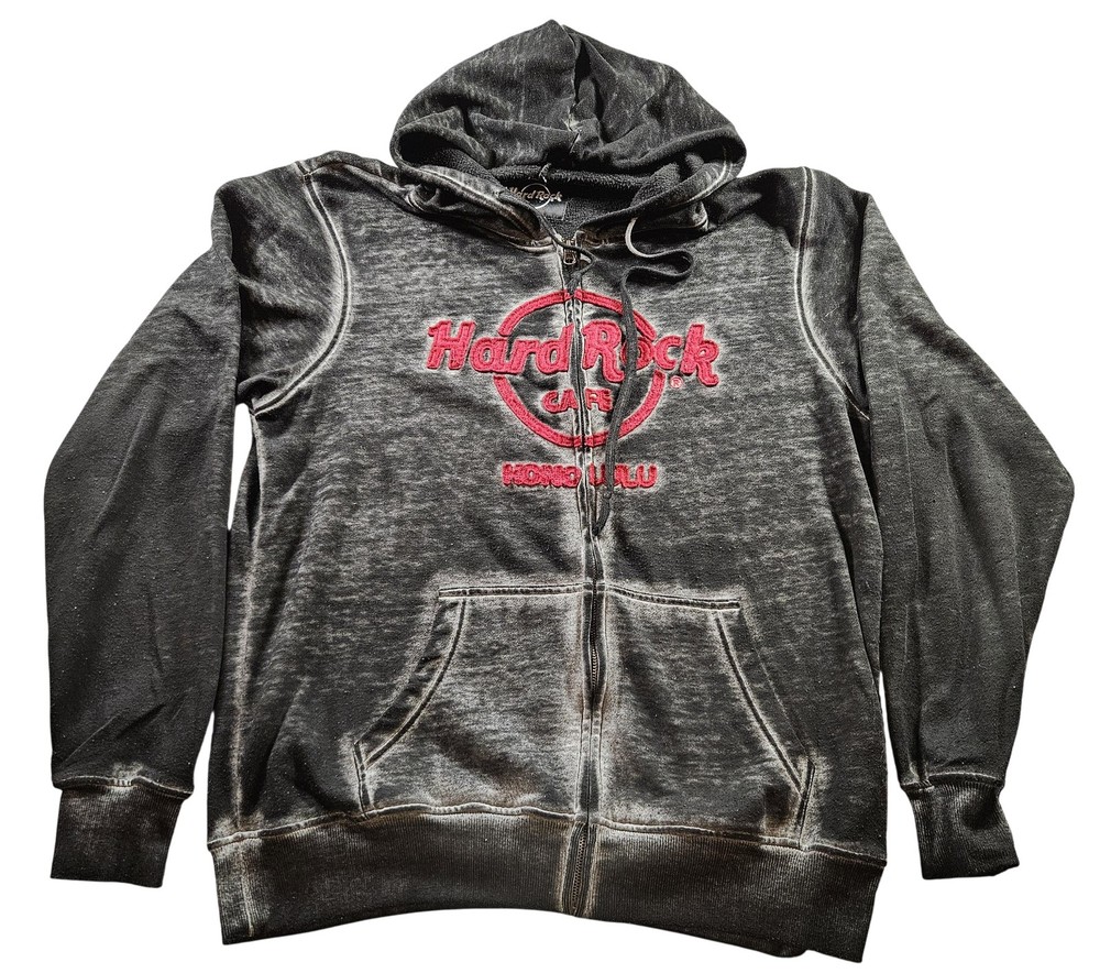 Hard Rock Cafe Hoodie Mens Large Black Full Zip Distressed Honolulu Embroidered