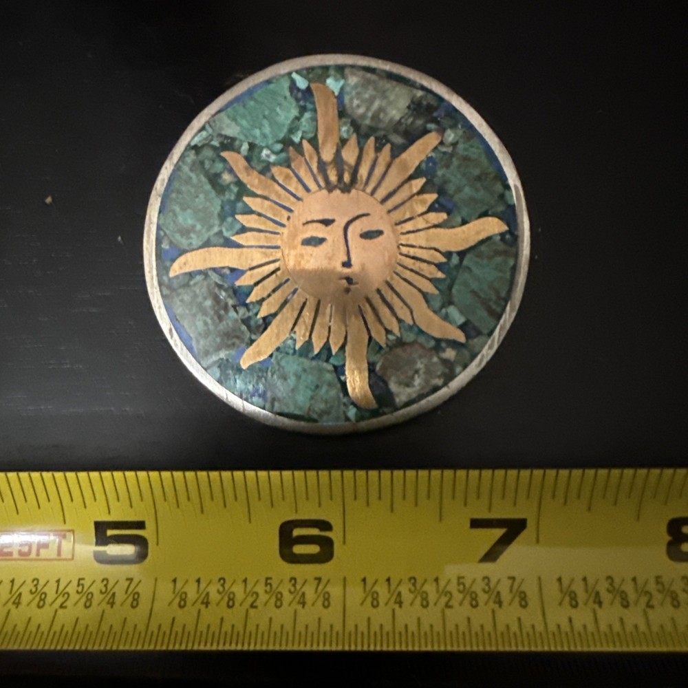 Silver 2-Tone Vintage Mexico Turquoise Gem Inlay Sun Face Brooch