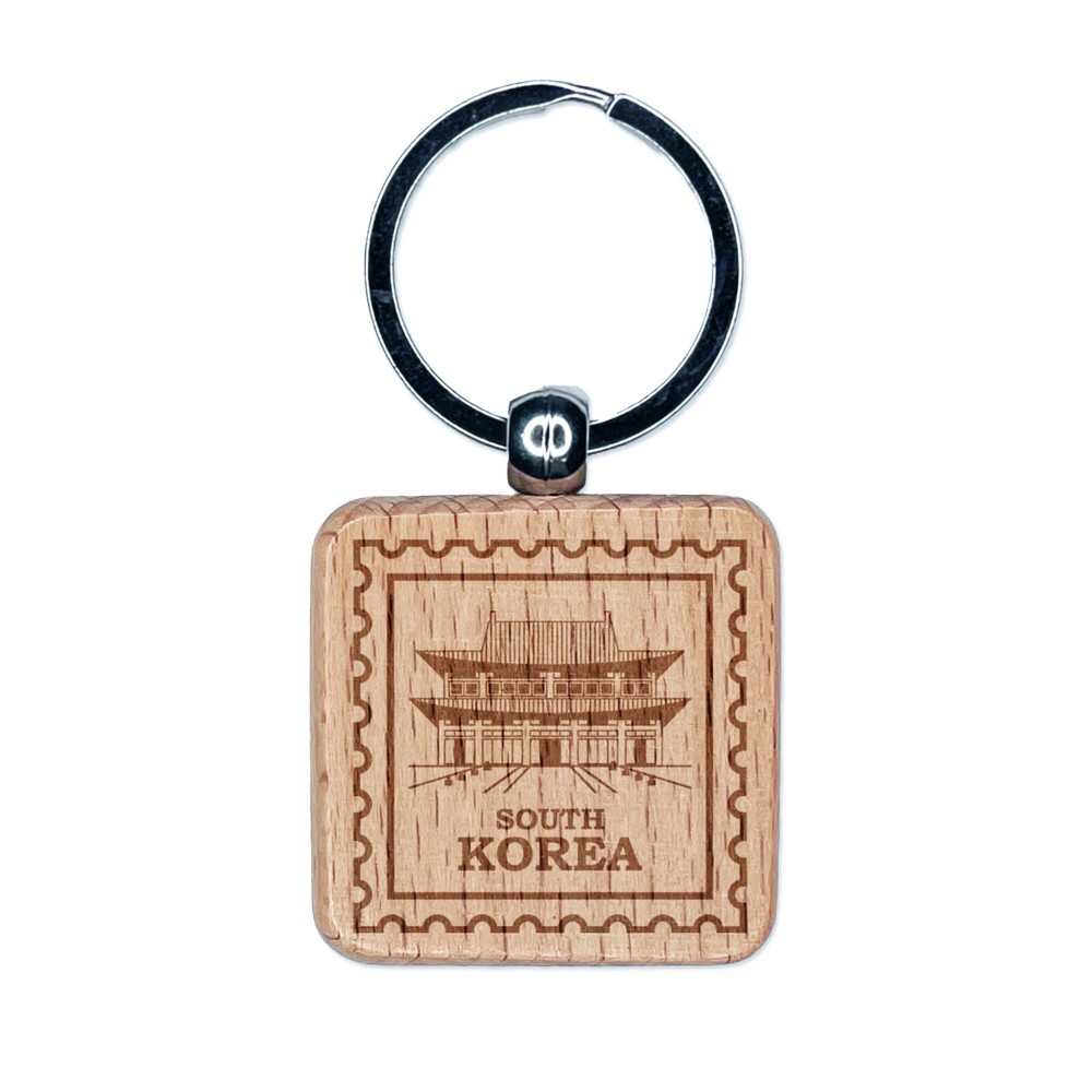 South Korea Travel Gyeongbokgung Palace Engraved Wood Square Keychain Tag Charm