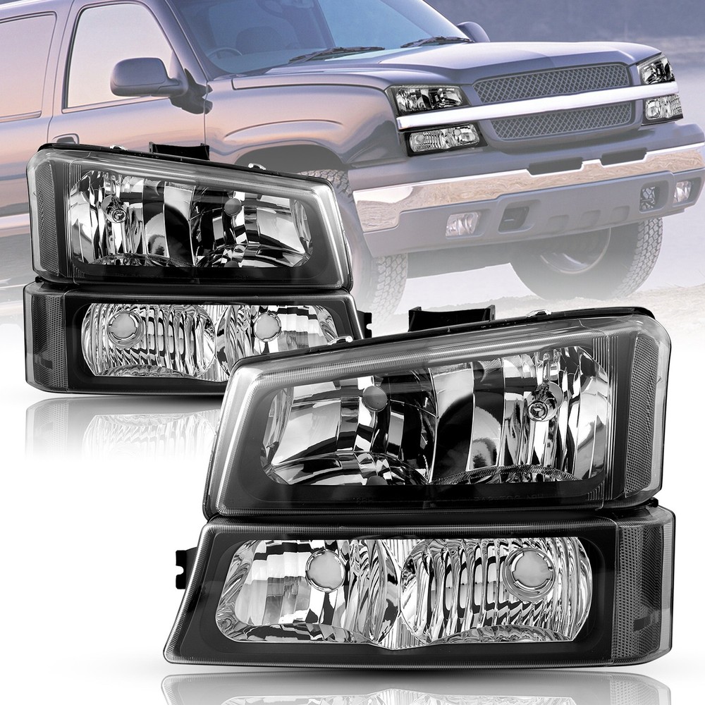 Pair Black Headlights For 2003-2006 Chevy Silverado Avalanche Bumper Lamps LH&RH