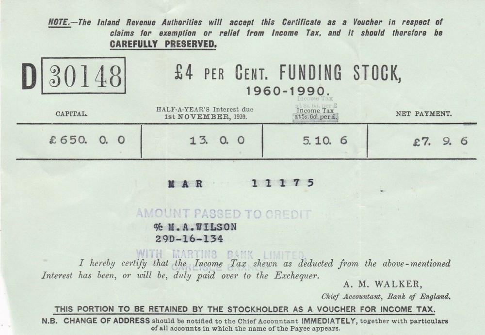 Bank of England Funding Stock Voucher Martins Bank Passed Cancel Receipt Rf39044-image