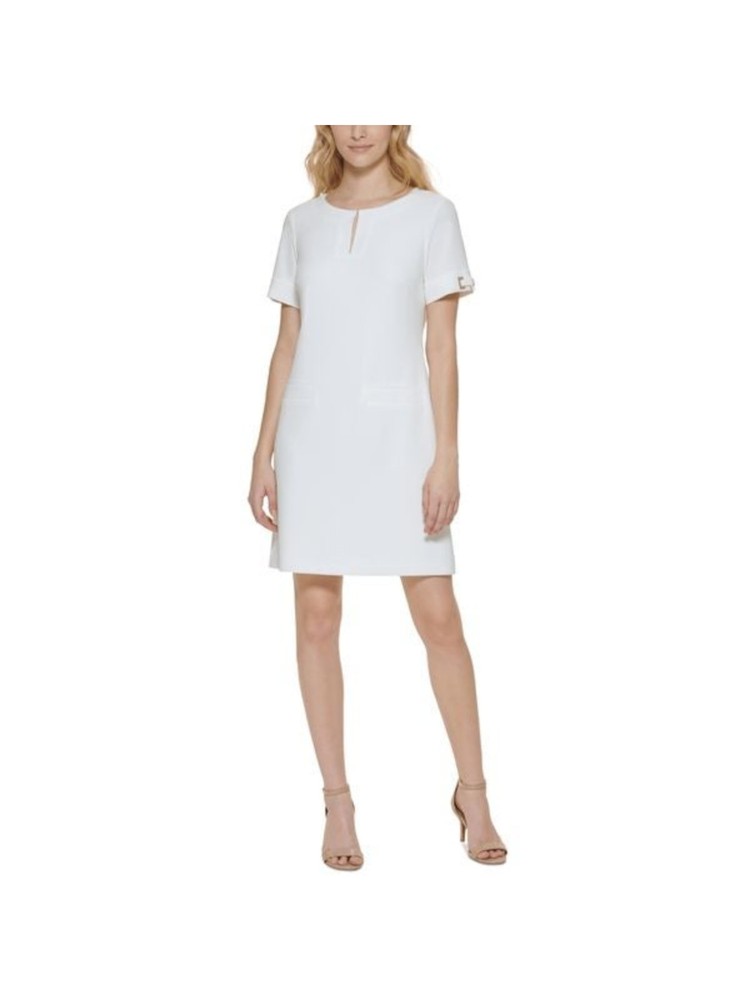 TOMMY HILFIGER Womens Ivory Scuba Crepe Front Short Sleeve Shift Dress 10