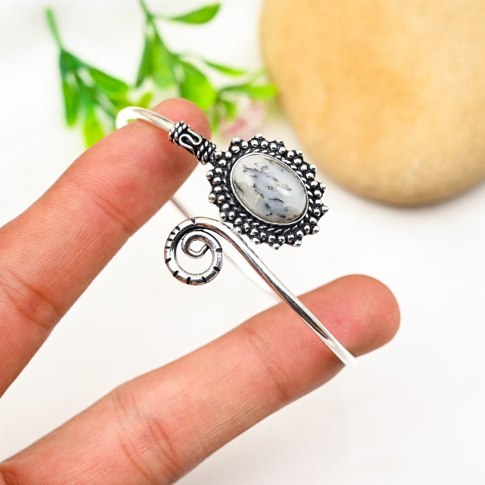 Dendritic Opal Gemstone Bangle 925 Sterling Silver Handmade Jewelry Party Gift