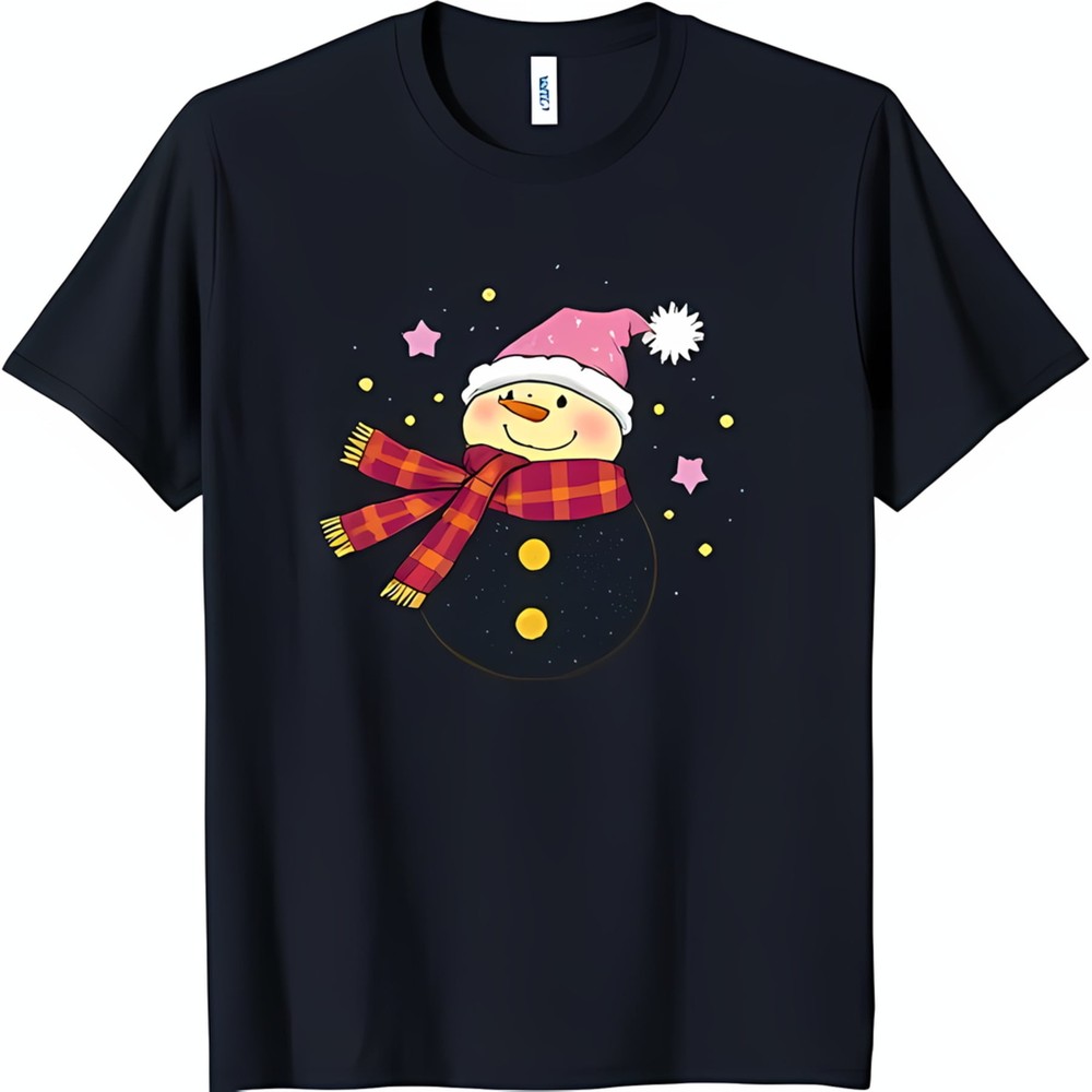 Festive Black T-Shirt with Whimsical Cartoon Snowman Graphic & Gold Stars