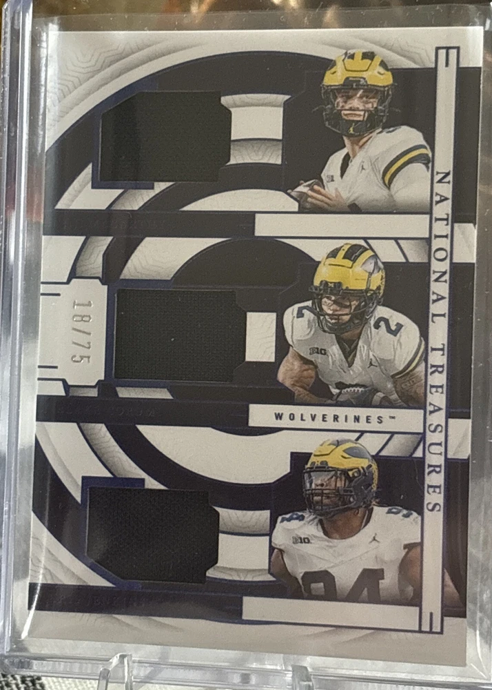 2024 Panini National Treasures Collegiate - Team Trio Materials Blue #TTM-MICH J.J. McCarthy, Blake Corum, Kris Jenkins /75 (MEM, RC)