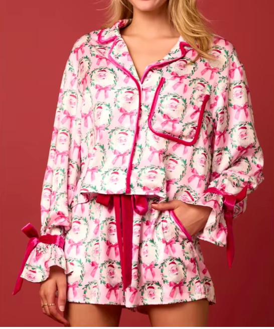 Santa Christmas Satin Pajama Set – Bow Tie Long Sleeve Shirt & Shorts 2-Piece