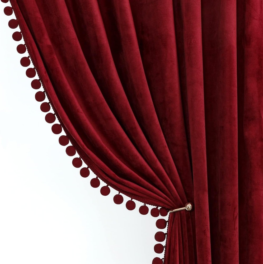 Burgundy Velvet Curtains for Bedroom Window with Pom Pom, Super Soft Luxury Drap