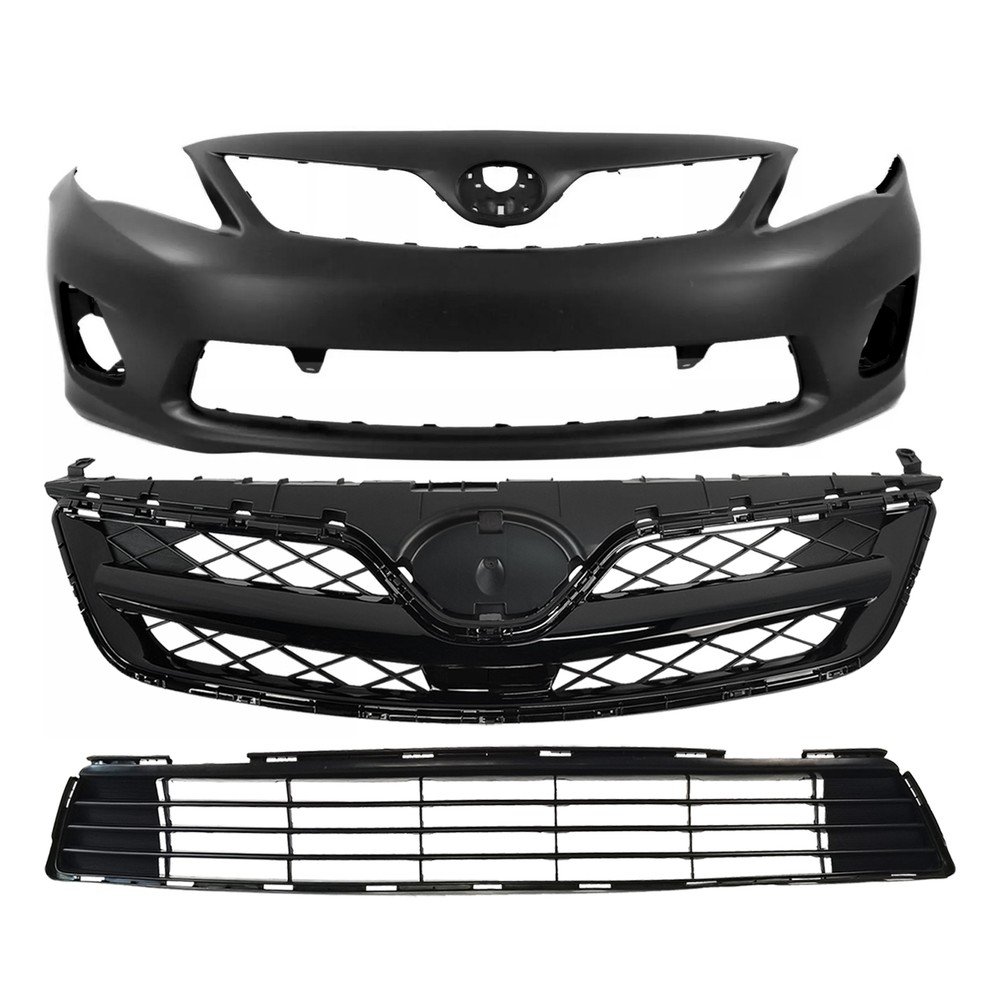 For 2011-2013 Toyota Corolla Front Bumper Cover Upper Lower Grille Glossy Black