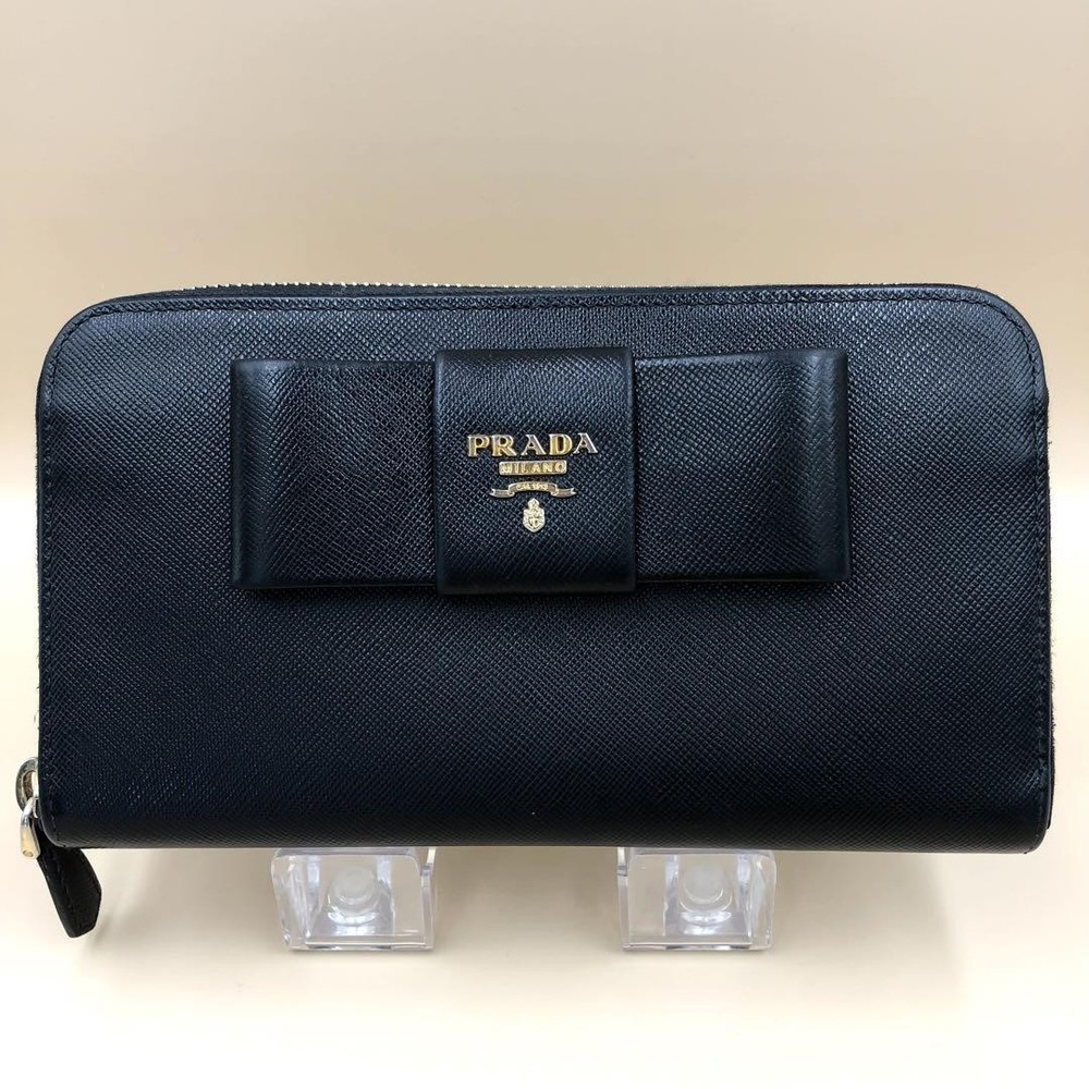 Prada Sg3500B Black Leather Long Wallet with Zipper Ribbon Pre-Owned