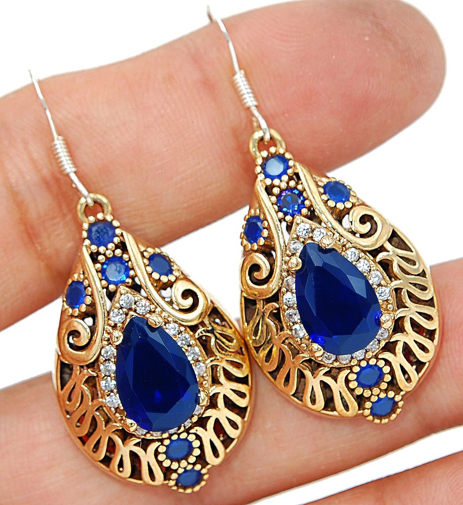 Ottoman Empire Inspired 8CT Treated Sapphire Sterling Silver Earrings AC1489  
