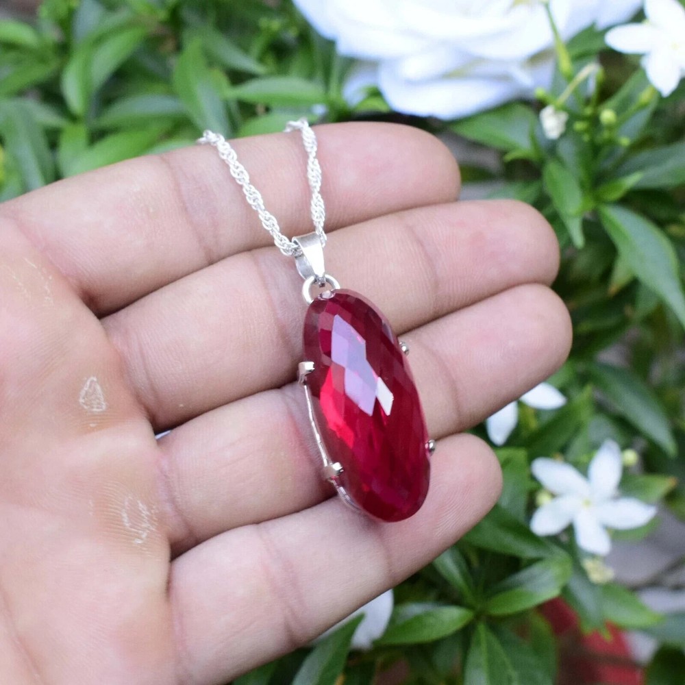 42 Ct Natural Red Ruby Pendant 925 Sterling Silver Cabochone Gemstone Jewelry