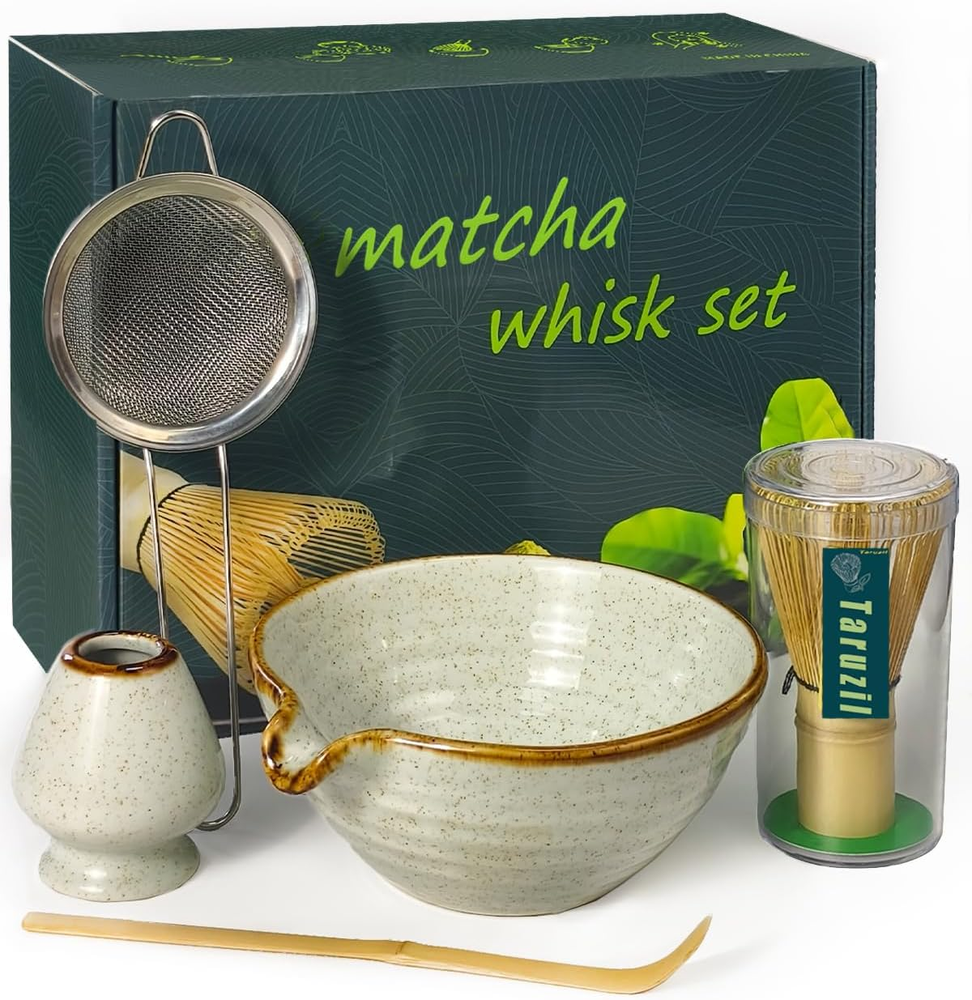 Matcha Whisk Set with Bamboo Whisk, Scoop, Sifter & Ceramic Bowl