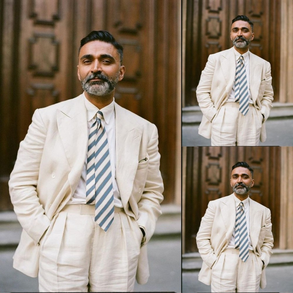 Double Breasted Linen Suit for Men Wedding Groom Summer Party Tuxedo Coat-image