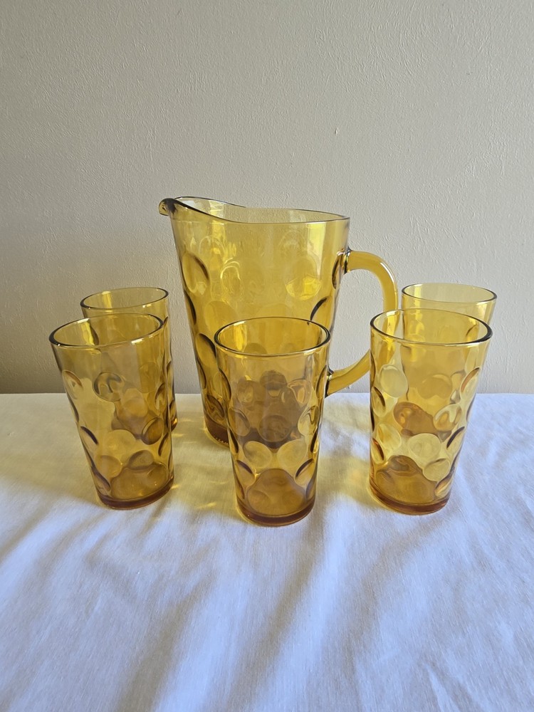 Vintage 6-Piece Hazel Atlas Eldorado Gold Amber Dotted Optic Glass Set with Pitcher