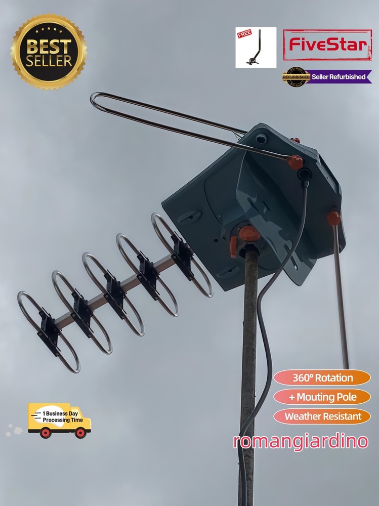 Promo 200 Mile Outdoor TV Antenna w Pole Motorized 4K HDTV 360 Degree