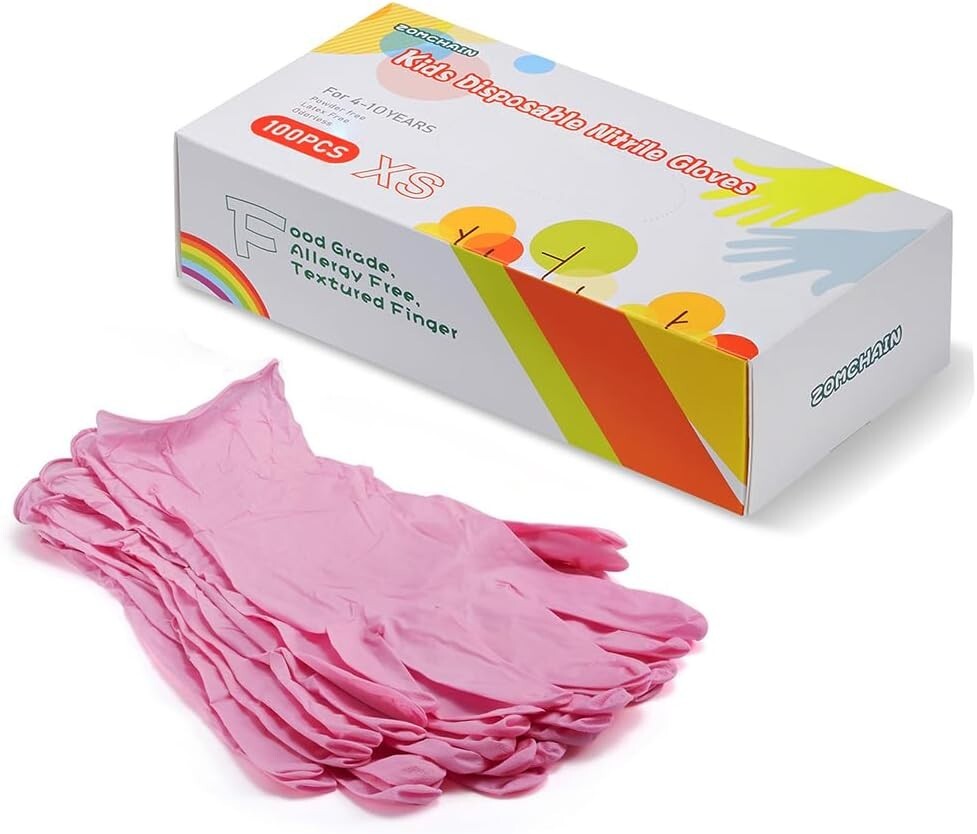 100 XS PINK Nitrile Disposable Gloves Powder Free, Food Grade for Kids Children