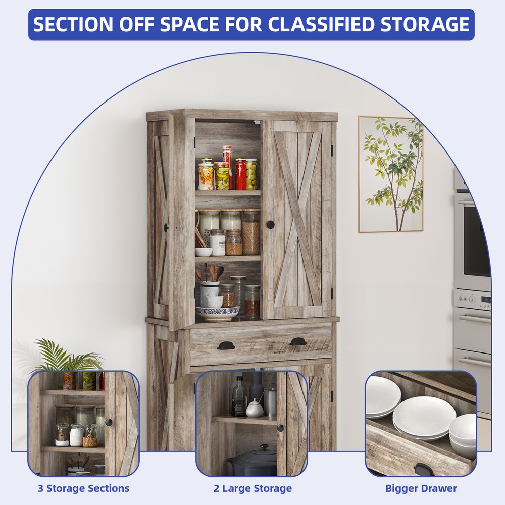 Farmhouse 72-Inch Kitchen Storage Cabinet with Doors and Adjustable Shelves